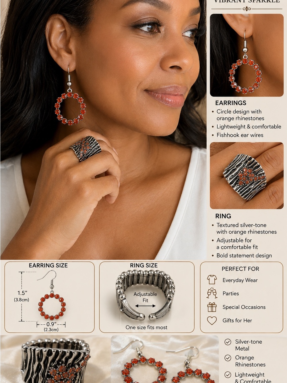 3pcs Vibrant Sparkle Orange Rhinestone Hoop Earrings and Ring Set